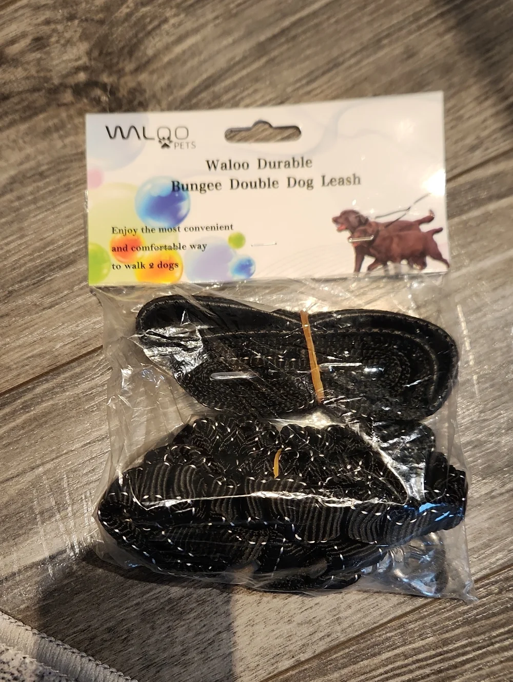 Waloo Black Bungee Double Dog Leash - Durable Hands-Free Design